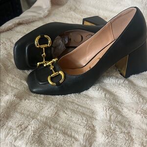 Black Leather Block Heel Pumps with Gold Bit Detail